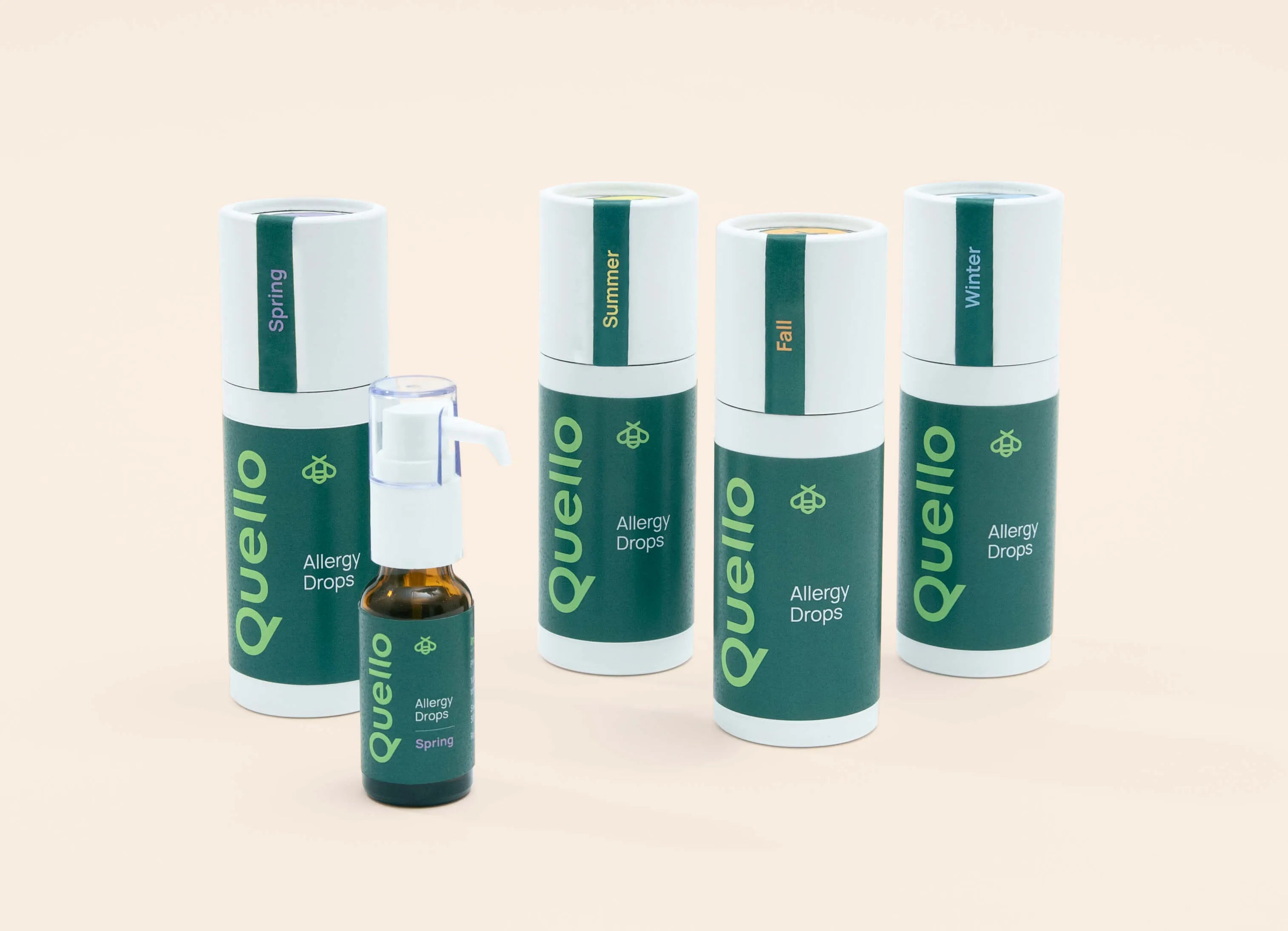 5 bottles of Quello allergy drops displaying the branding and packaging